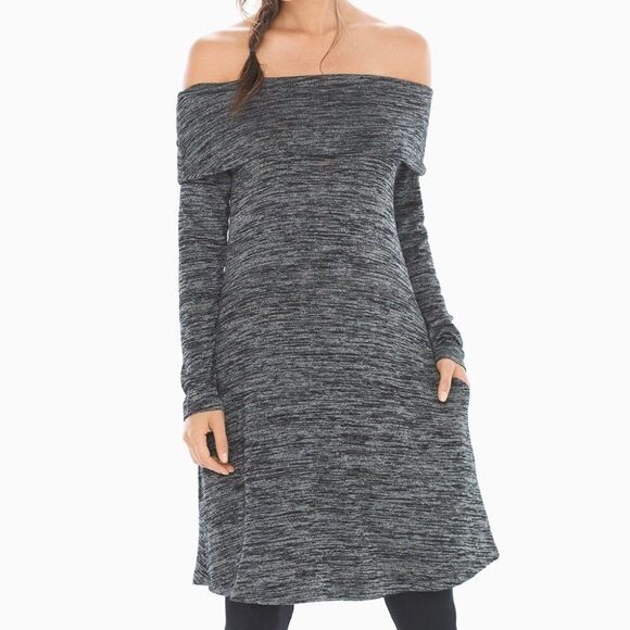 Soma Melange Off The Shoulder Long Sleeve Mini Cozy Dress Black Grey Size Small - Picture 3 of 9